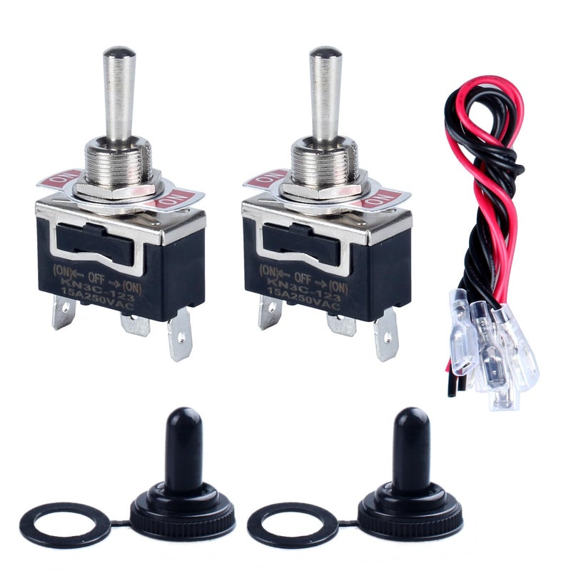 DMWD Momentary Heavy Duty Toggle Switch 30A 12VDC 20A 120V Marine SPDT 3 Pins 3 Positions (ON)-Off-(ON) Self-Reset Switch with Waterproof Boot Cap and pre-Wired Cables for Auto Car Truck Boat 2Pcs - Image 1